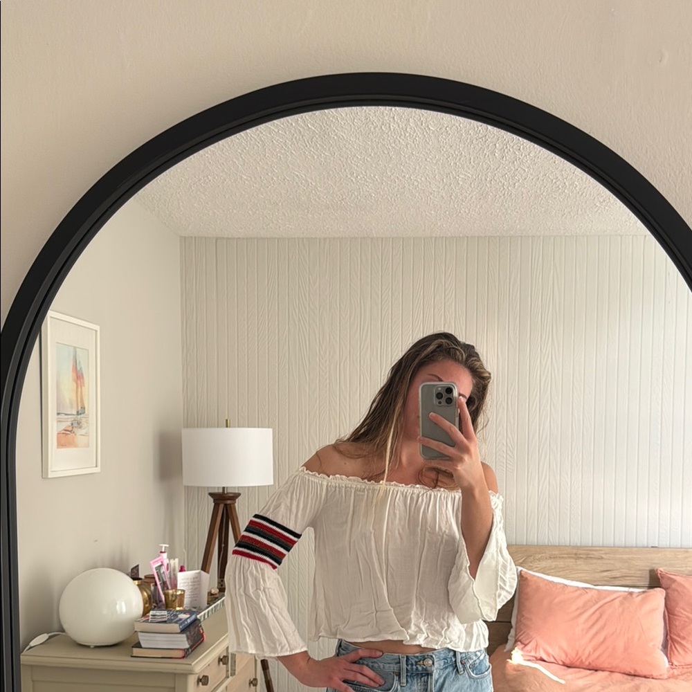 White Off-Shoulder Top with Striped Sleeves